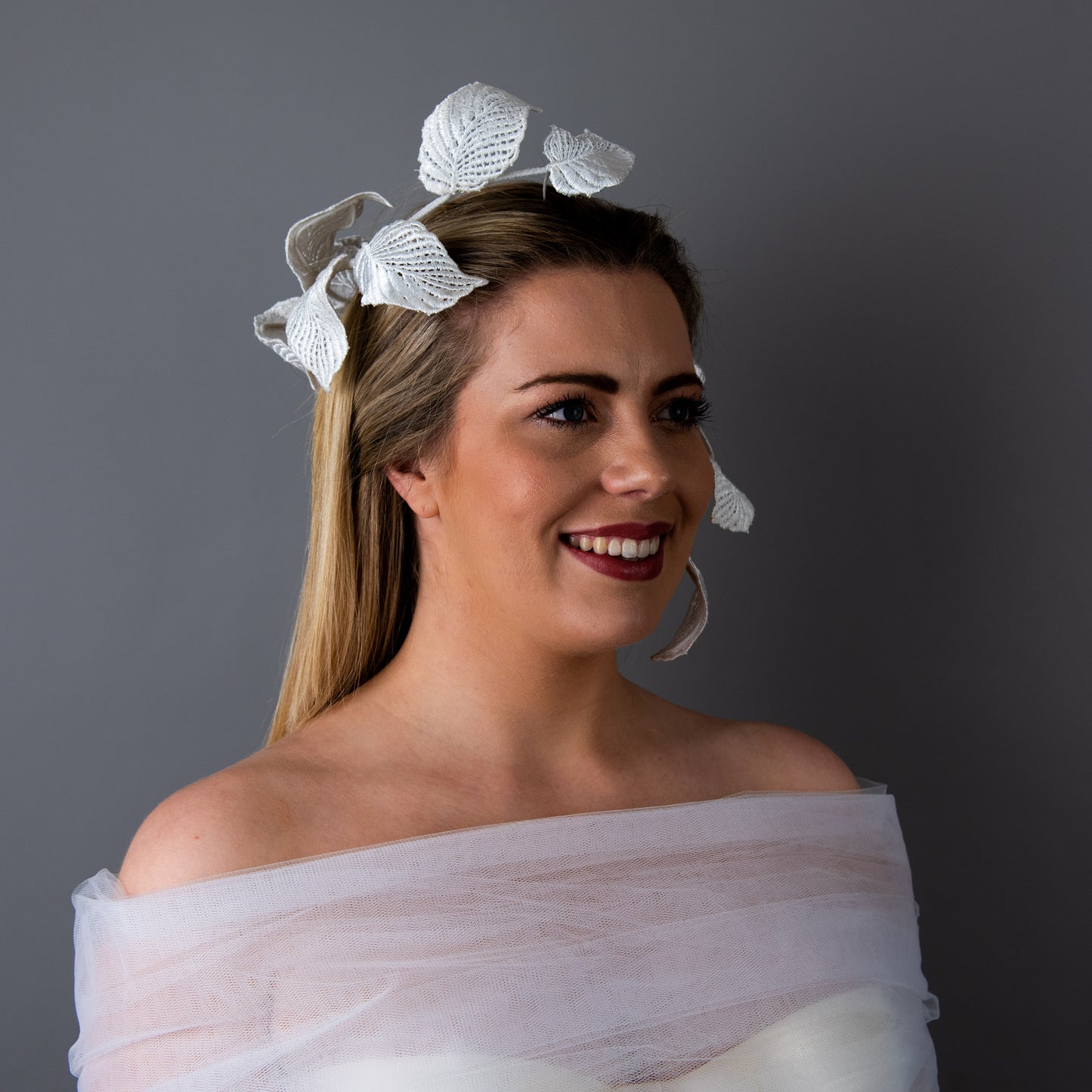 Time After Time floating white lace leaf headpiece