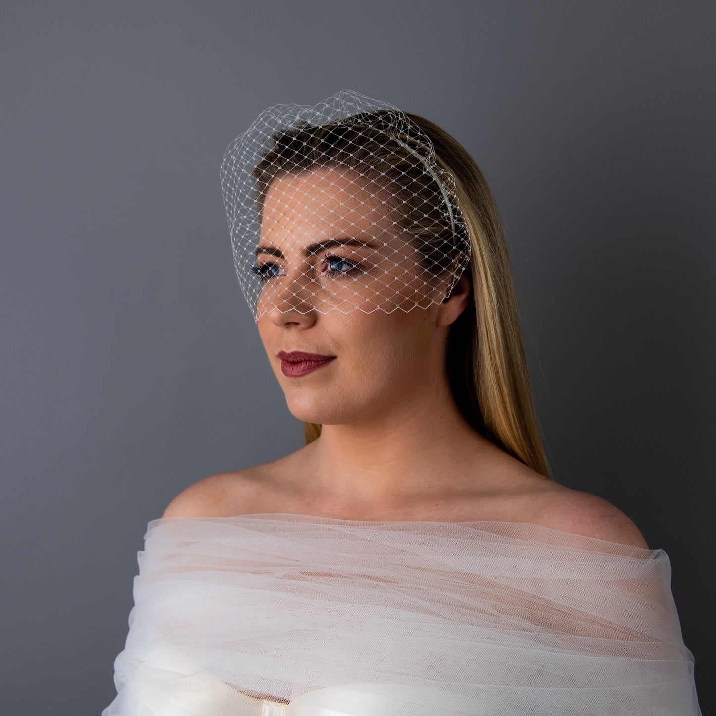 All of Me bridal birdcage veil on headband in white veiling