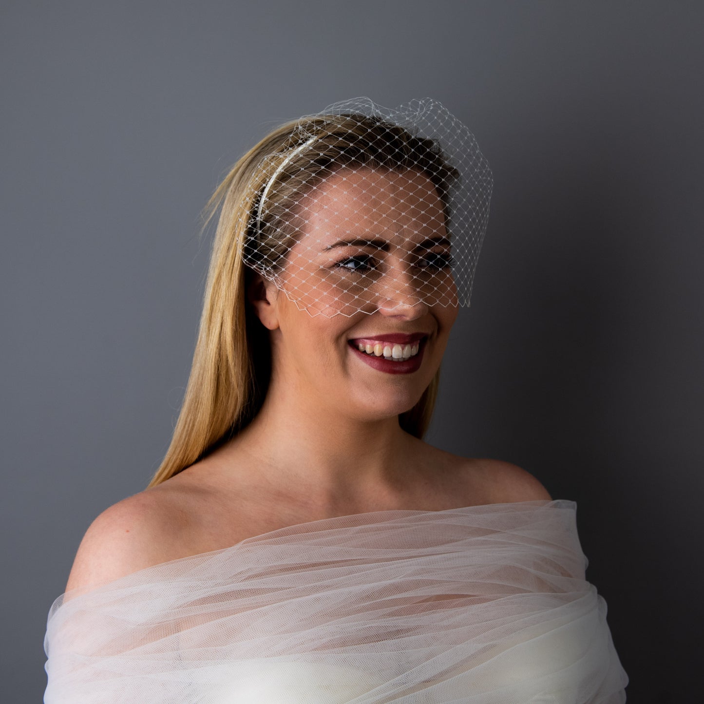 All of Me bridal birdcage veil on headband in white veiling