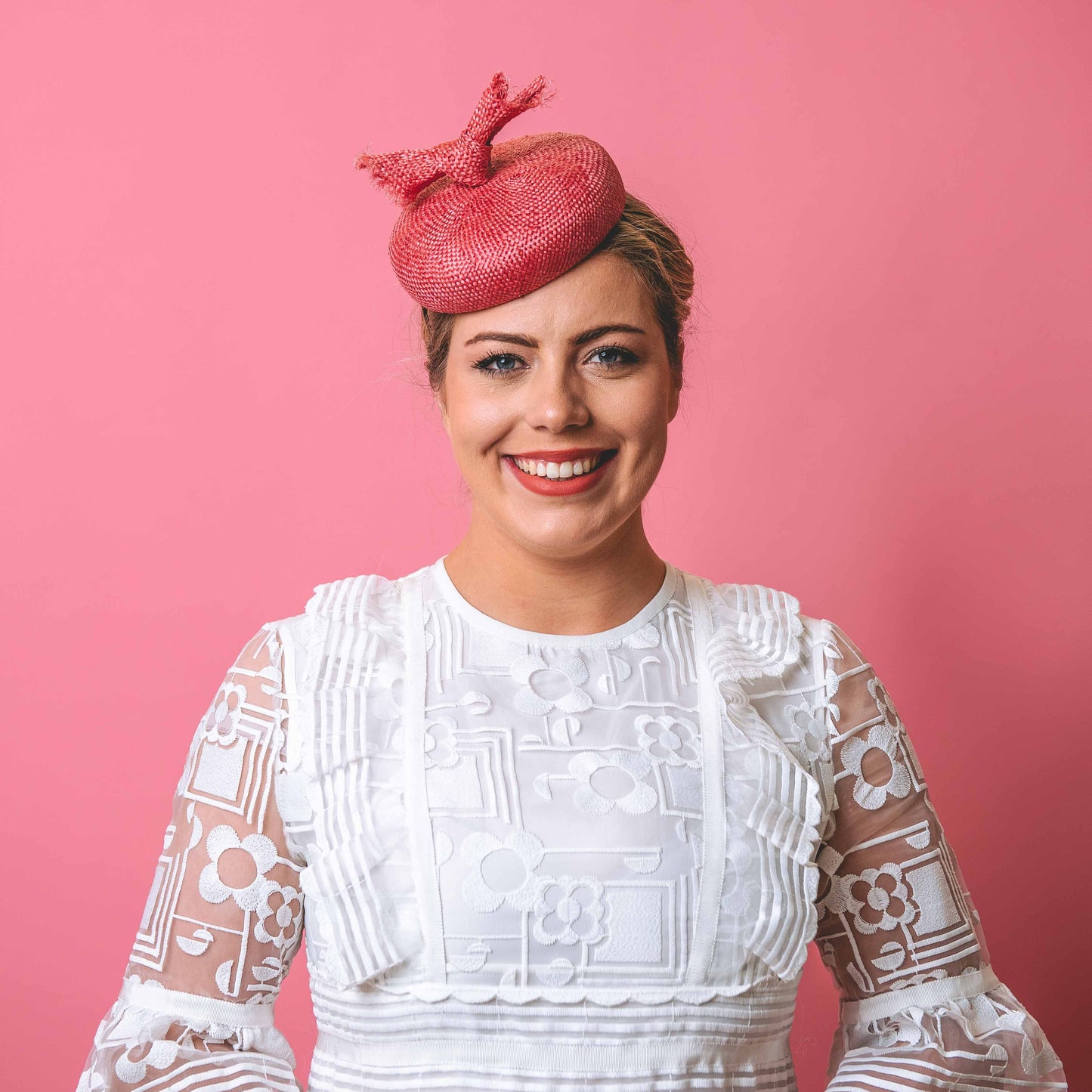 Discounted - Michelle Beret with knot trim in Pink Straw