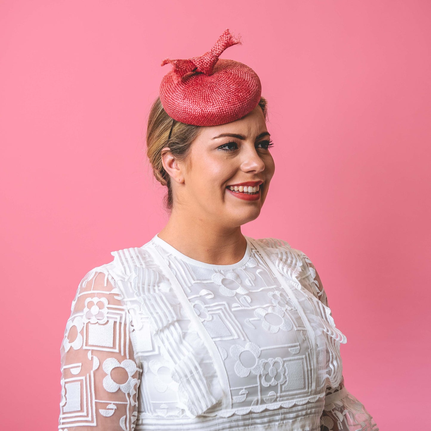 Discounted - Michelle Beret with knot trim in Pink Straw