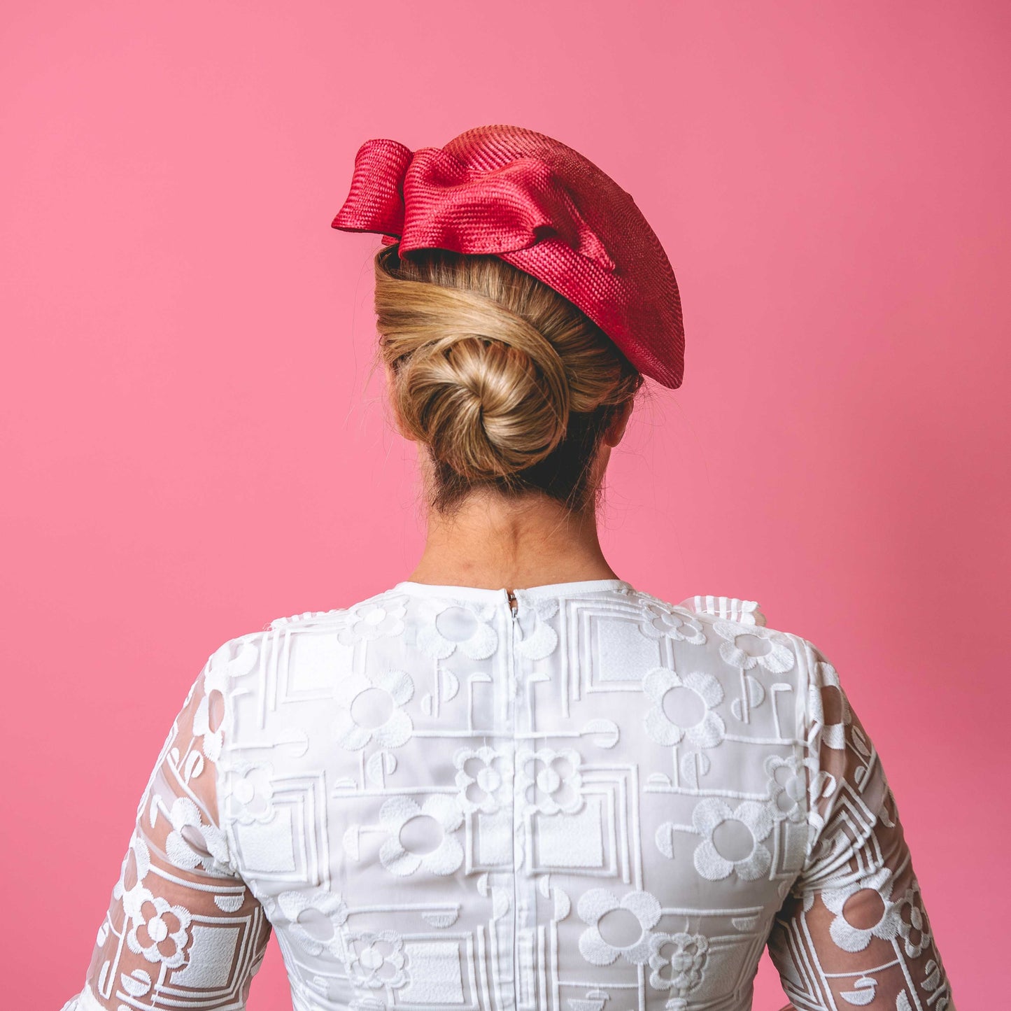Sally Beret with bow in Pink Straw