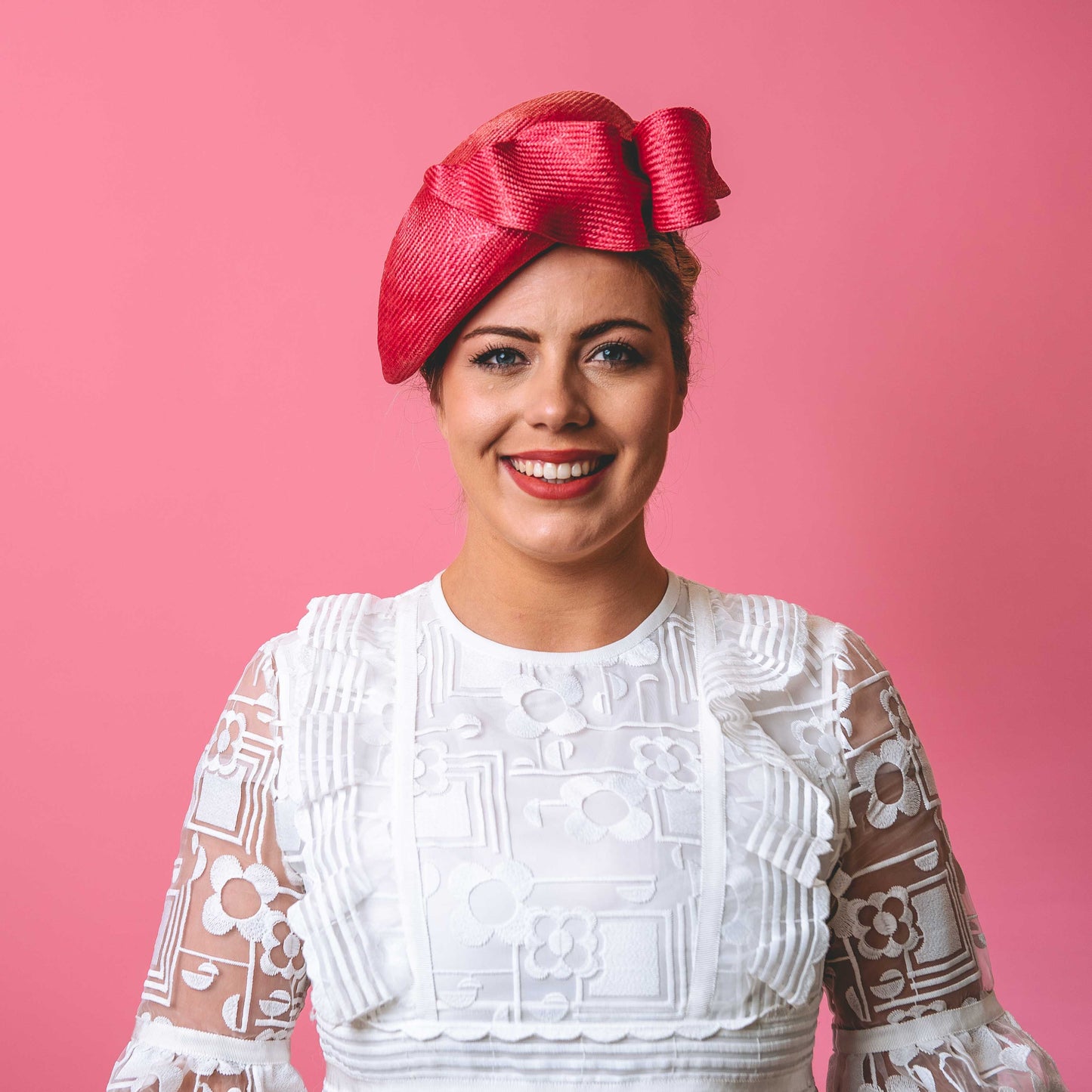 Sally Beret with bow in Pink Straw