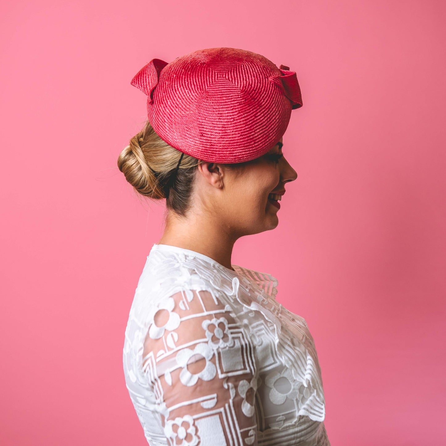 Sally Beret with bow in Pink Straw