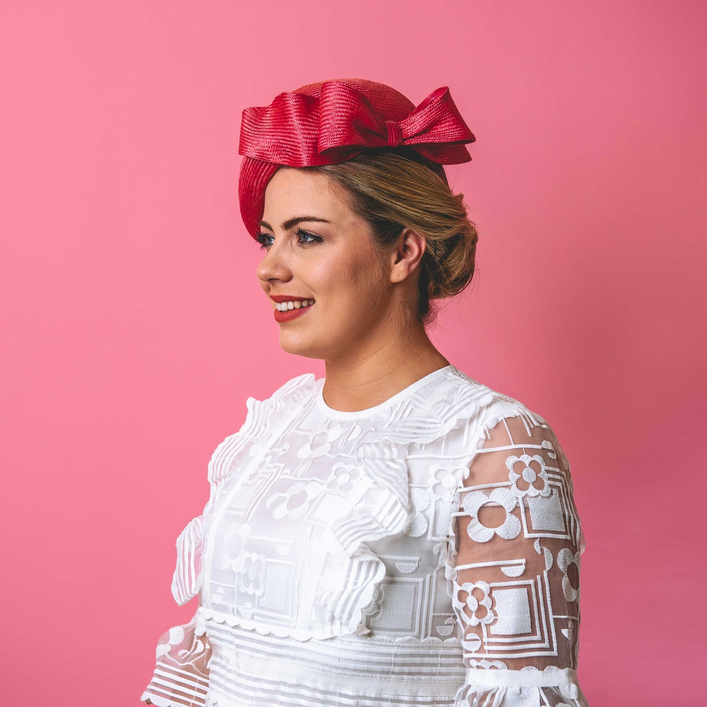 Sally Beret with bow in Pink Straw