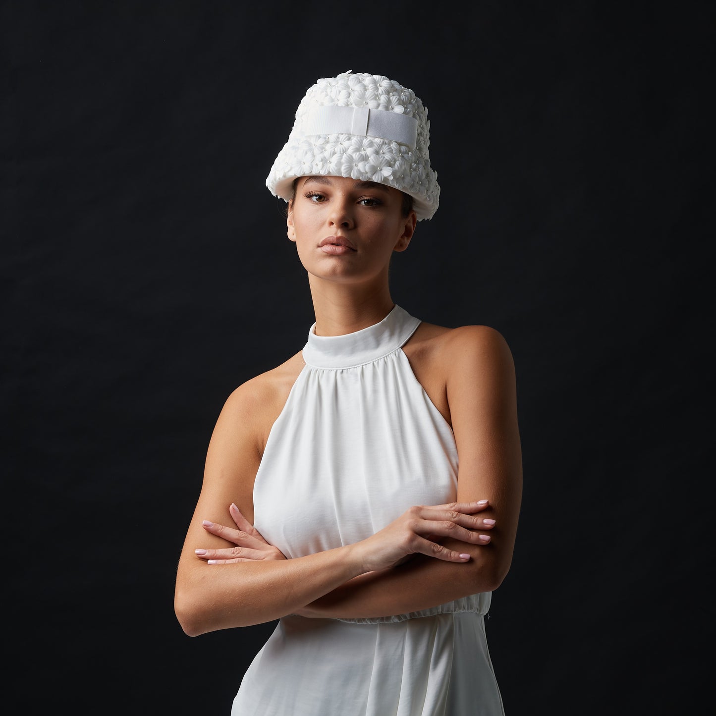 Field of Pearls white embellished hat with flowers and pearl