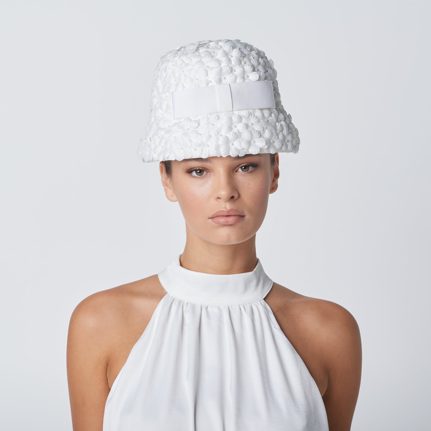 Field of Pearls white embellished hat with flowers and pearl