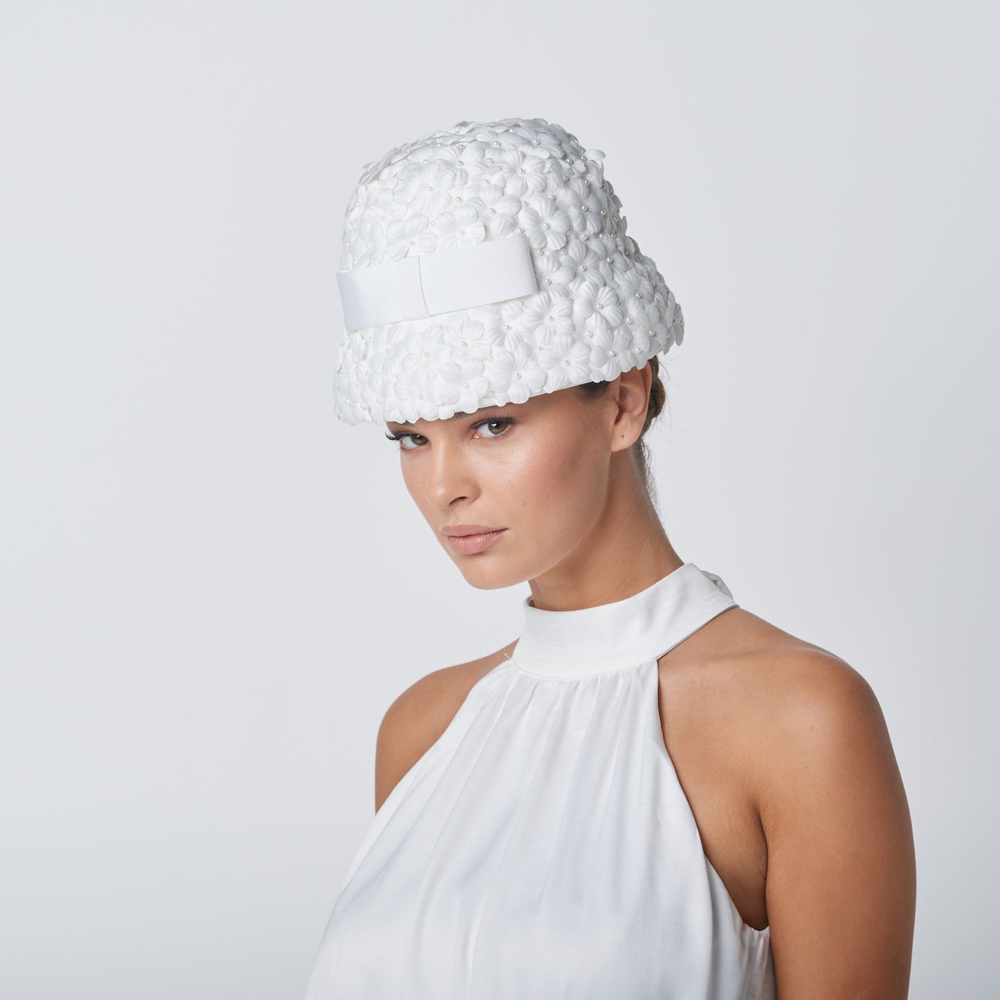 Field of Pearls white embellished hat with flowers and pearl