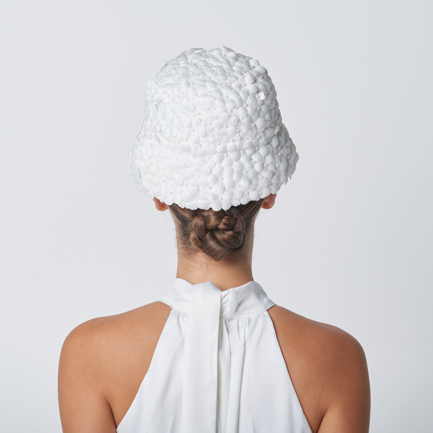 Field of Pearls white embellished hat with flowers and pearl