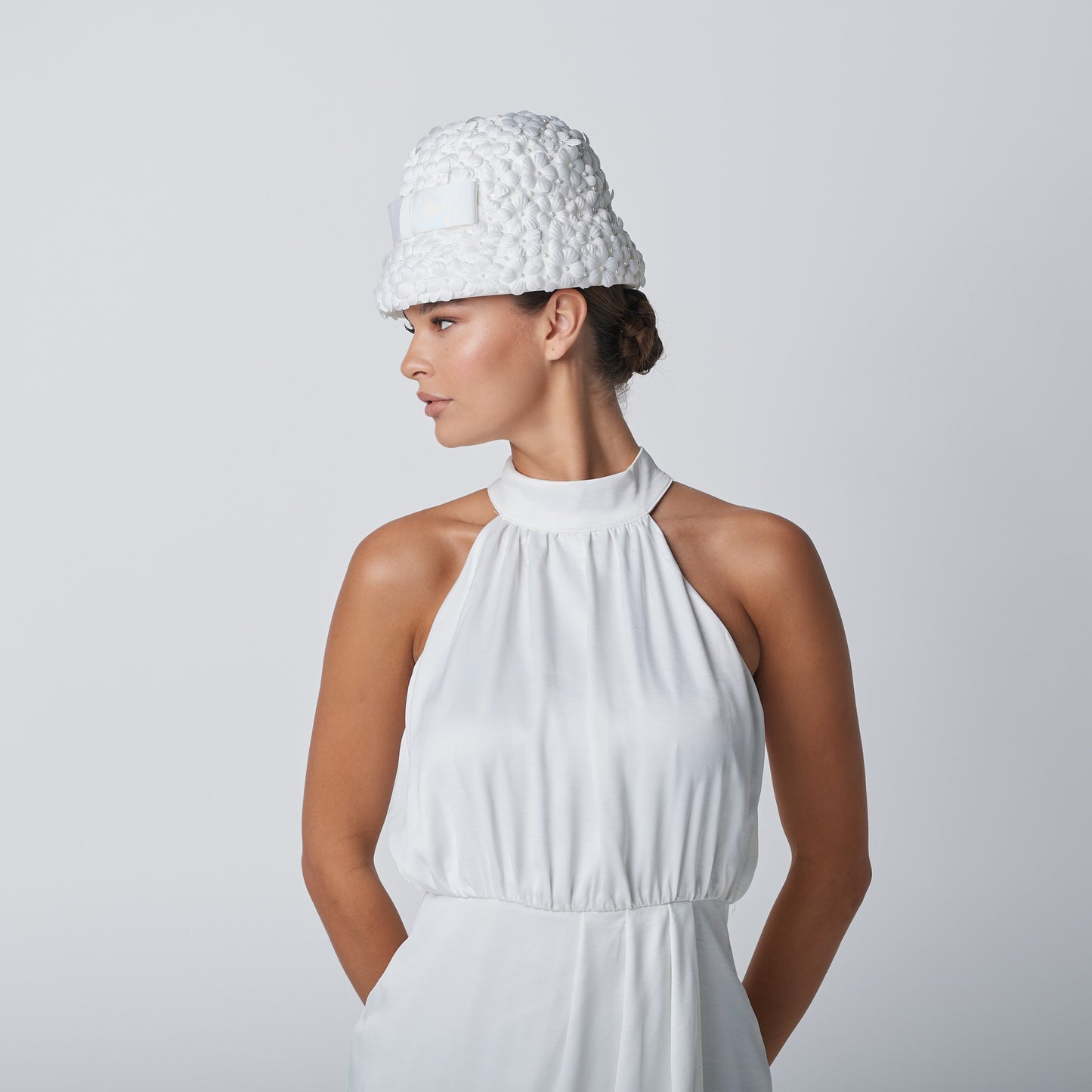 Field of Pearls white embellished hat with flowers and pearl