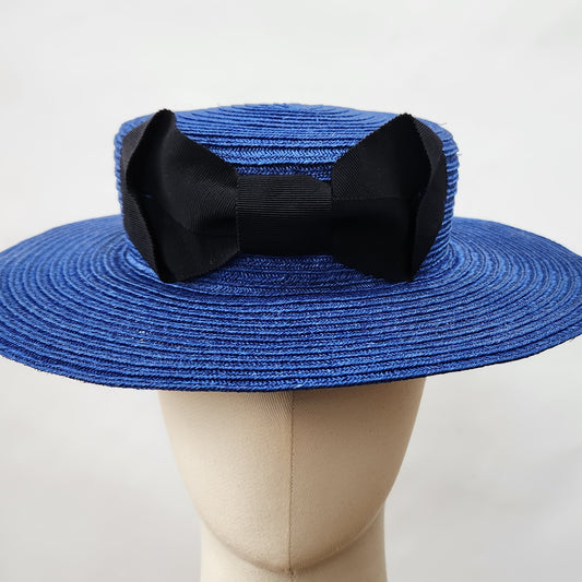 Colette Boater Hat in Blue Stitched Braid with black petersham infinity bow
