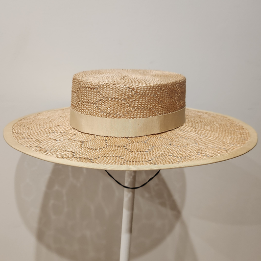 Alexandra Boater Wide Brimmed Boater Hat in Cream Hexagon Straw with Petersham Ribbon Band Spring Racewear Hat