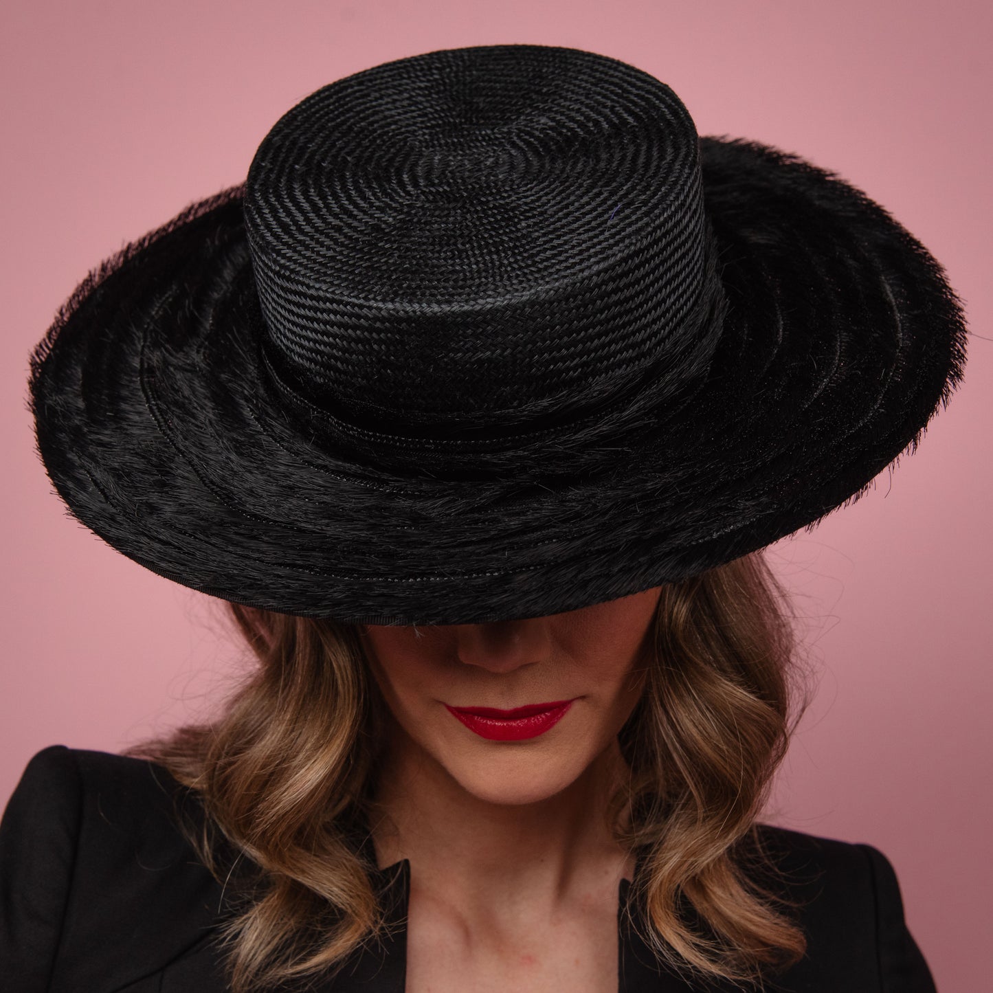 Alexandra Boater in Black Straw with Textured Brim Spring Racewear Headpiece