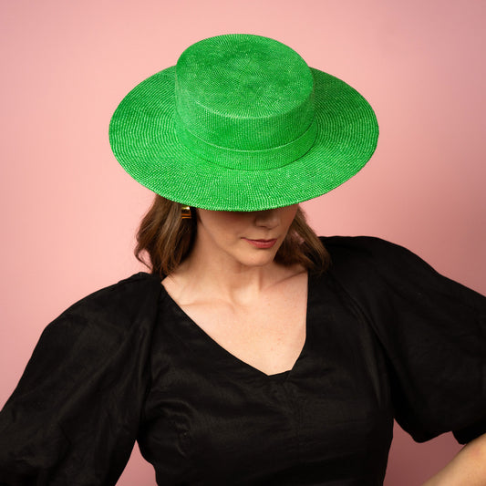 Alexia Boater with square crown and flat brim in green straw Spring Racing Hat