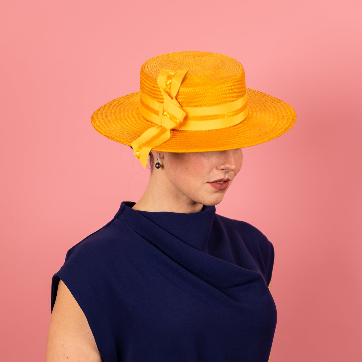Alexis Boater in Marigold Yellow with Knotted Straw Trim