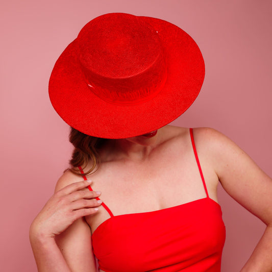 Alexis Boater in Red straw with fringe band