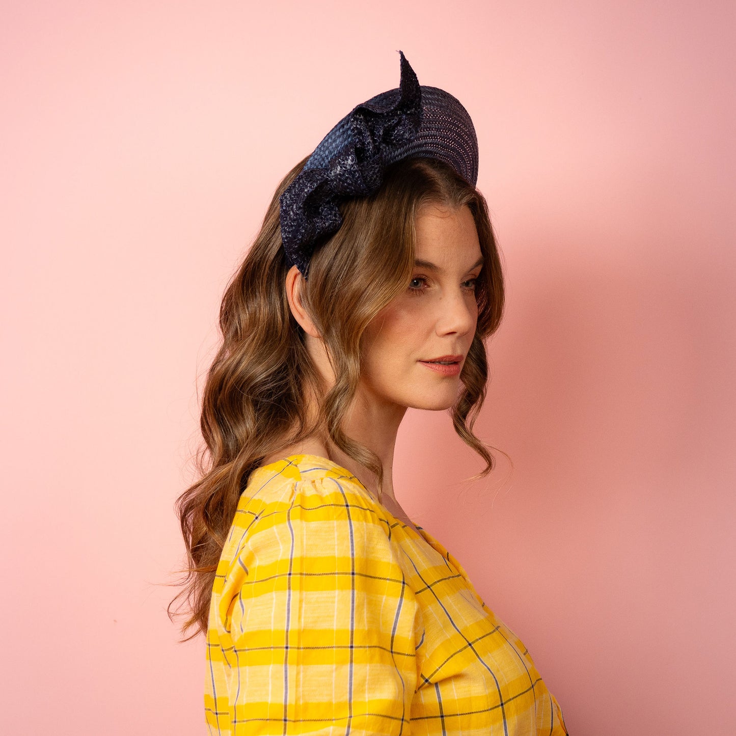 Amelia straw halo with knotted trim in navy Spring Racing Headpiece