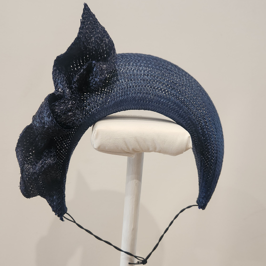 Amelia straw halo with patent knotted trim in Navy Spring Racewear Headpiece