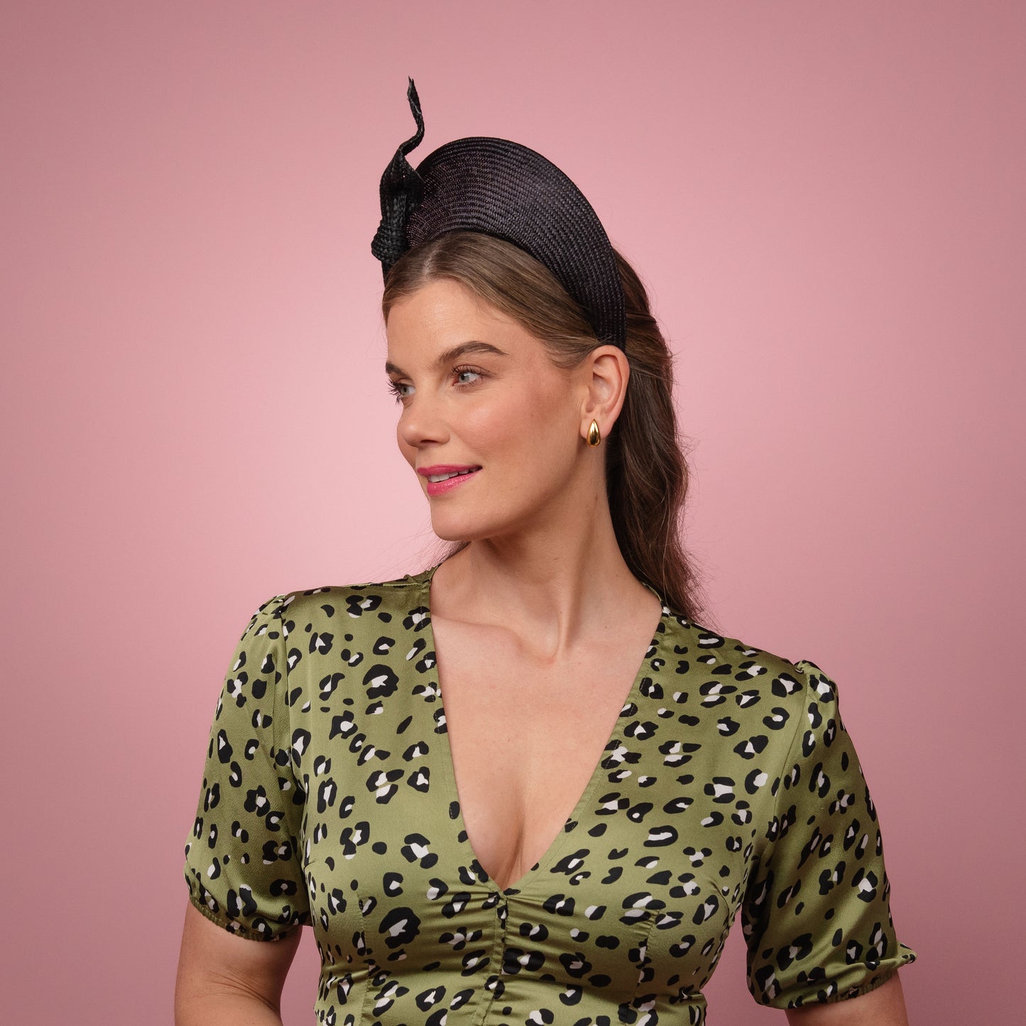 Amelia straw halo with patent knotted trim in black Spring Racewear Headpiece