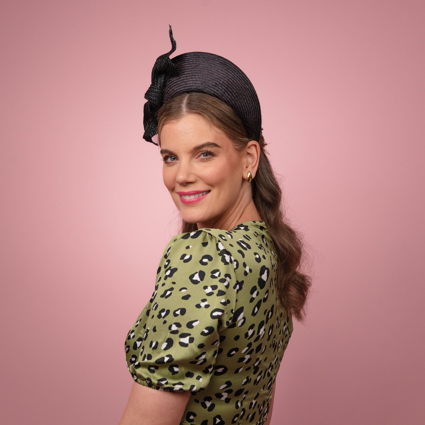 Amelia straw halo with patent knotted trim in black Spring Racewear Headpiece