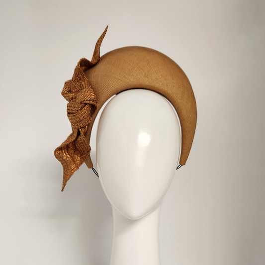 Amelia straw halo with knotted trim in gold Spring Racewear Headpiece