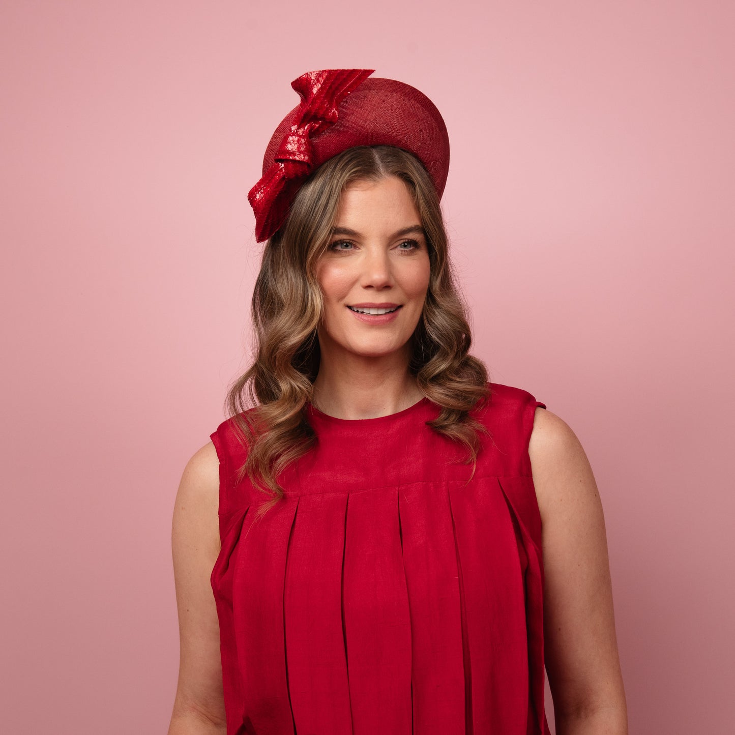 Amelia straw halo with patent knotted trim in red Spring Racewear Headpiece