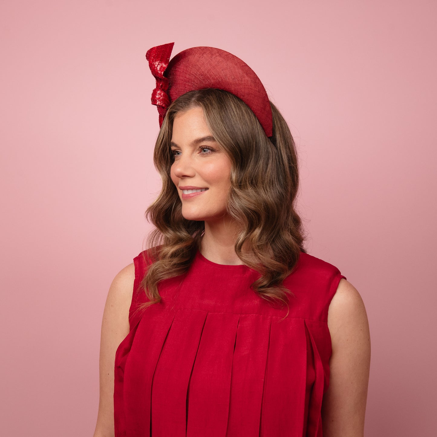 Amelia straw halo with patent knotted trim in red Spring Racewear Headpiece