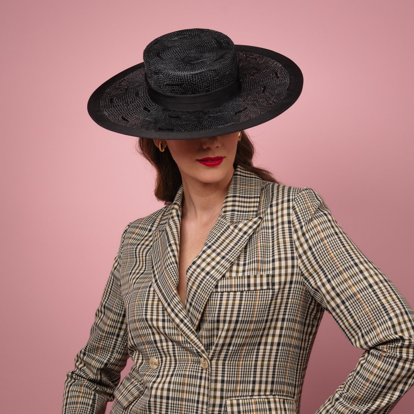 Ava Black Wide Brimmed Boater Hat in Black Textured Straw with Petersham Ribbon Band Spring Racewear Headpiece