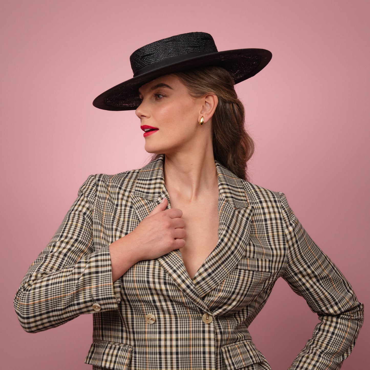 Ava Black Wide Brimmed Boater Hat in Black Textured Straw with Petersham Ribbon Band Spring Racewear Headpiece