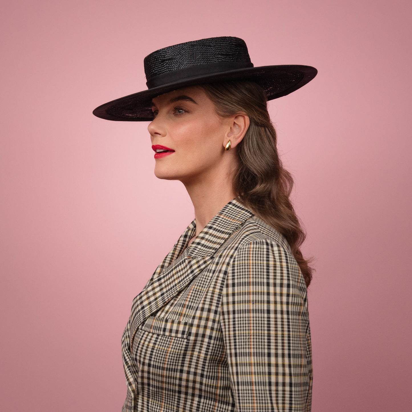 Ava Black Wide Brimmed Boater Hat in Black Textured Straw with Petersham Ribbon Band Spring Racewear Headpiece