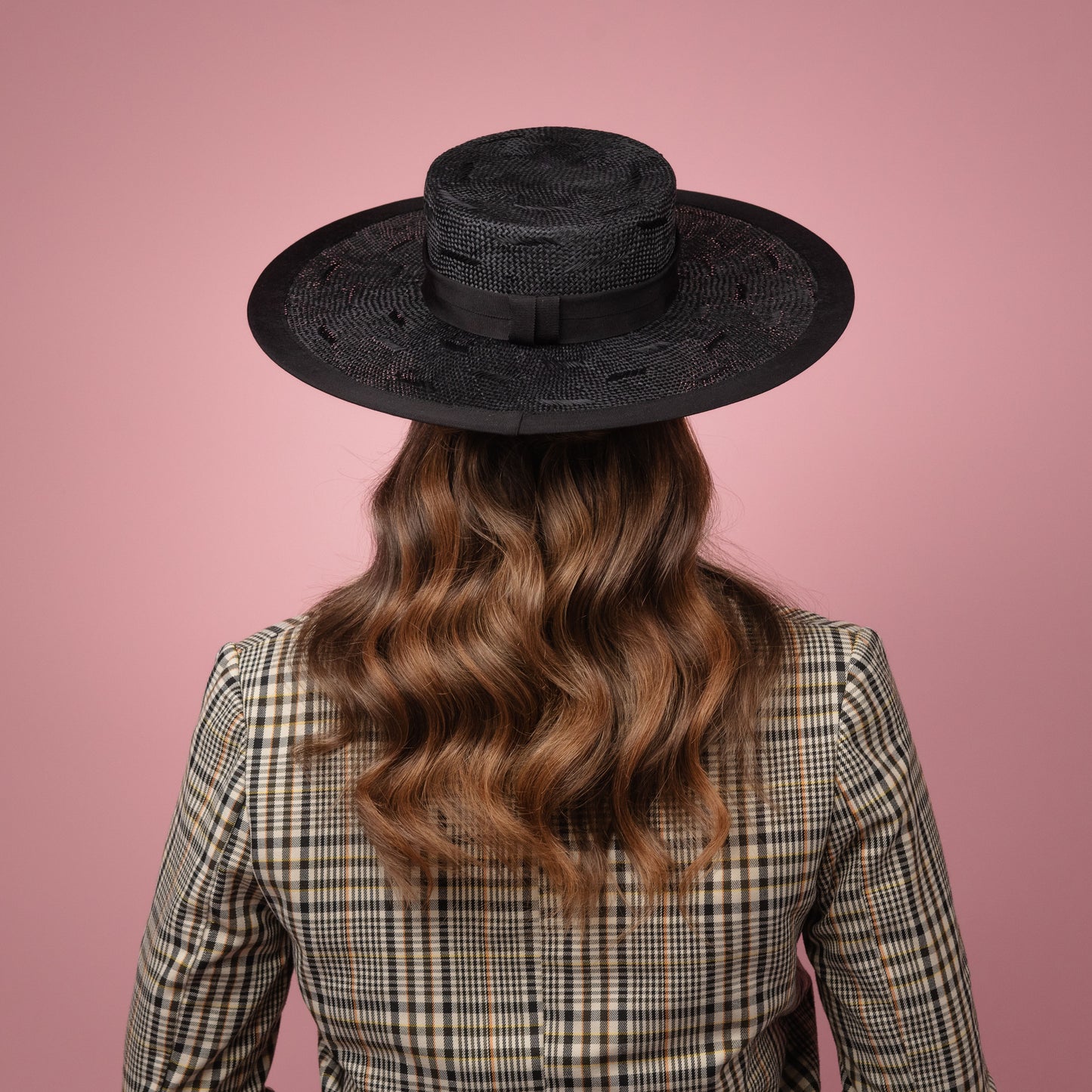 Ava Black Wide Brimmed Boater Hat in Black Textured Straw with Petersham Ribbon Band Spring Racewear Headpiece