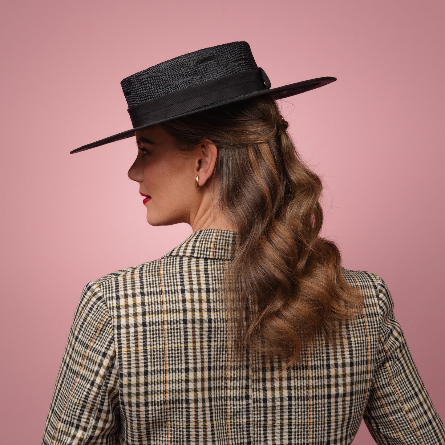 Ava Black Wide Brimmed Boater Hat in Black Textured Straw with Petersham Ribbon Band Spring Racewear Headpiece