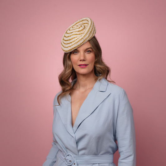 Birrahlea Shaped Beret in Cream and Gold Straw Spring Racewear Headpiece