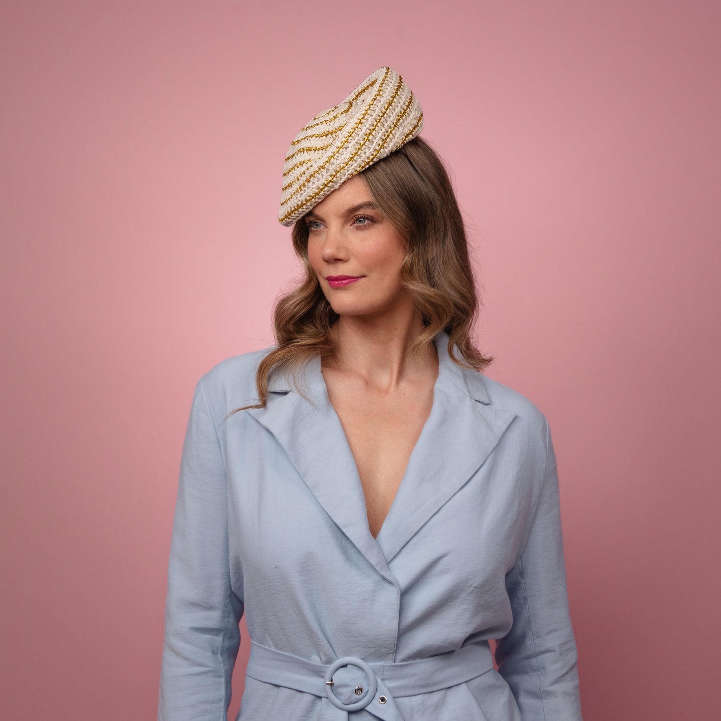 Birrahlea Shaped Beret in Cream and Gold Straw Spring Racewear Headpiece