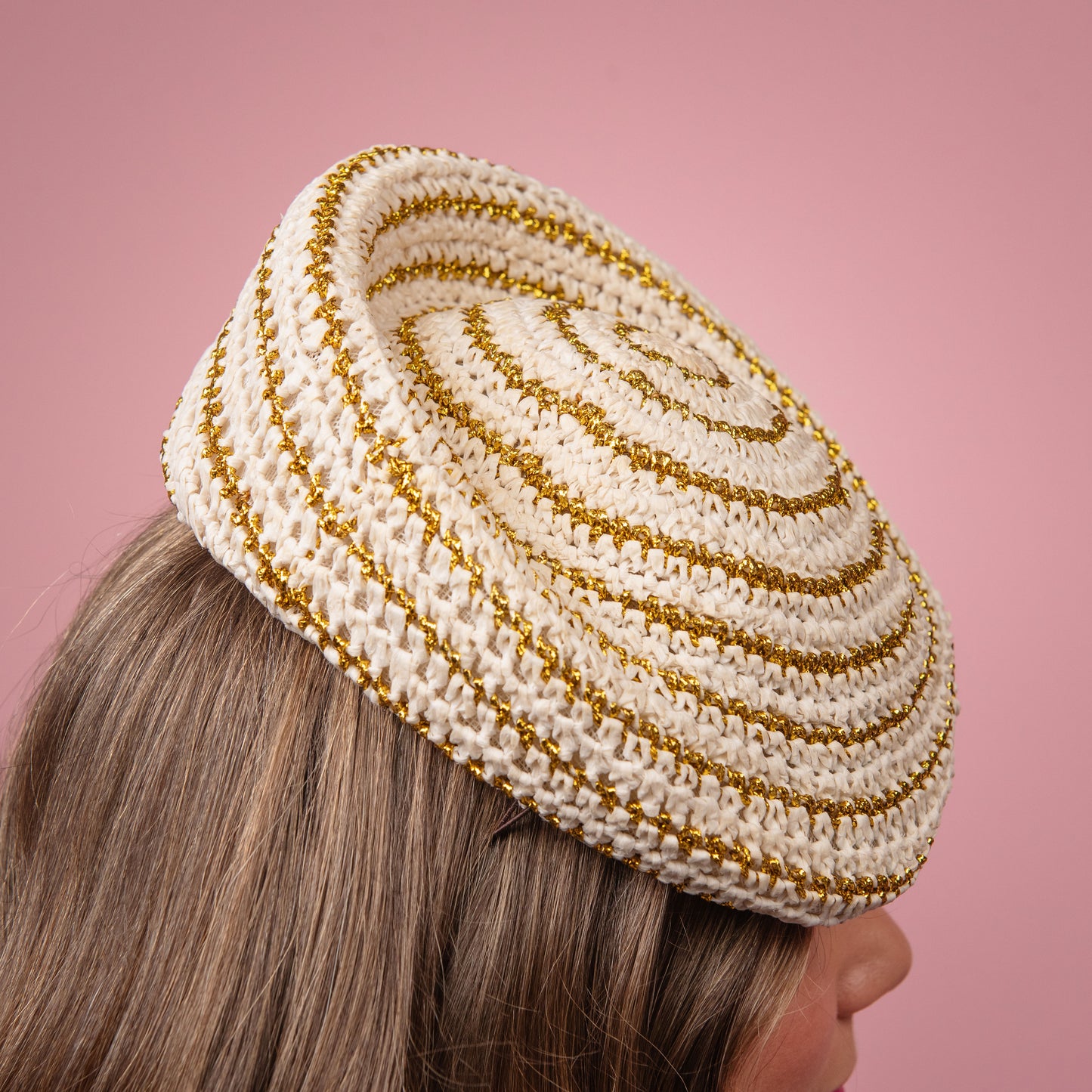 Birrahlea Shaped Beret in Cream and Gold Straw Spring Racewear Headpiece