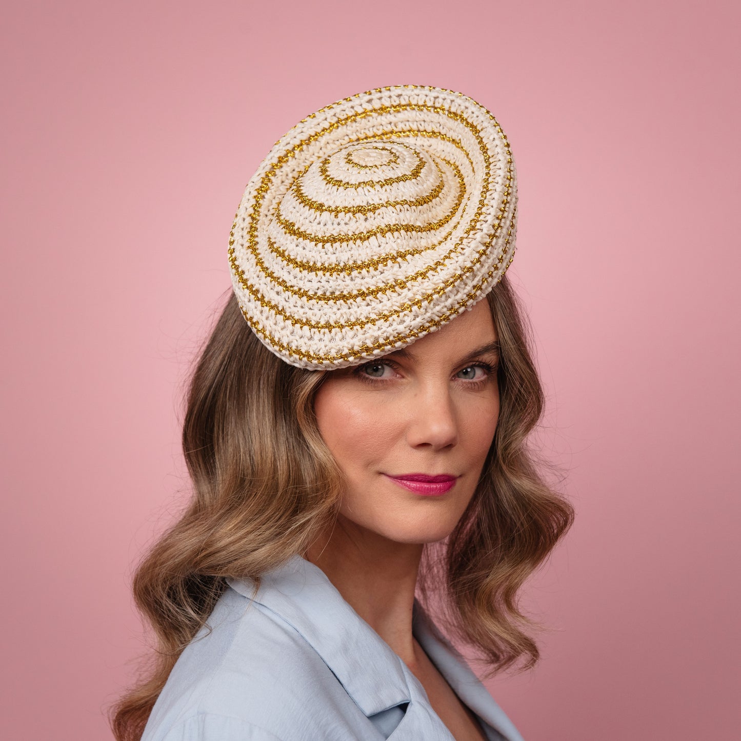 Birrahlea Shaped Beret in Cream and Gold Straw Spring Racewear Headpiece