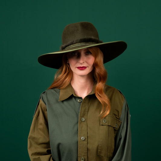 Bogong Green Felt Fedora Hat with fluffy velvet trim Winter Racewear Hat