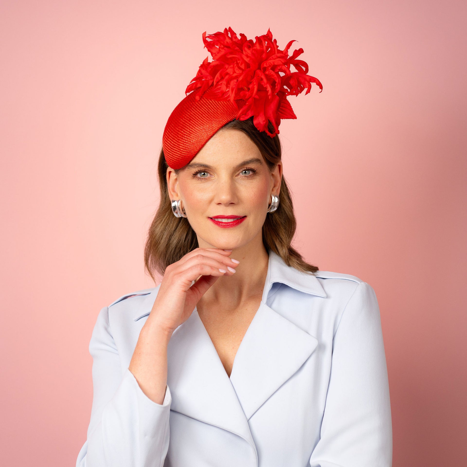 Delphie straw beret with silk flowers in red Spring Racing