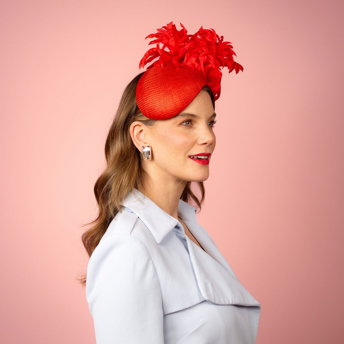 Delphie straw beret with silk flowers in red Spring Racing Headpiece
