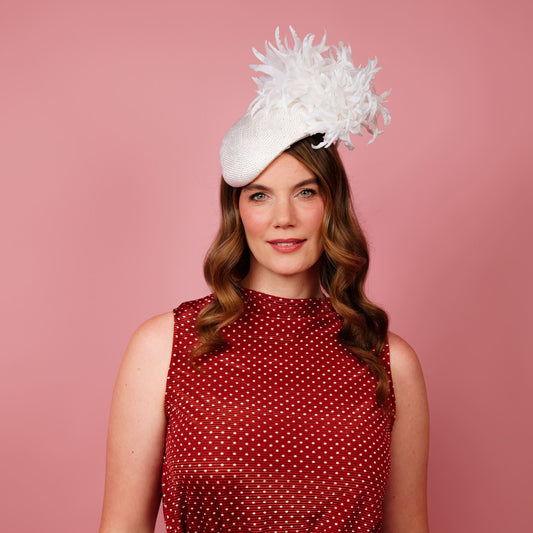 Delphie straw beret with silk flowers in white