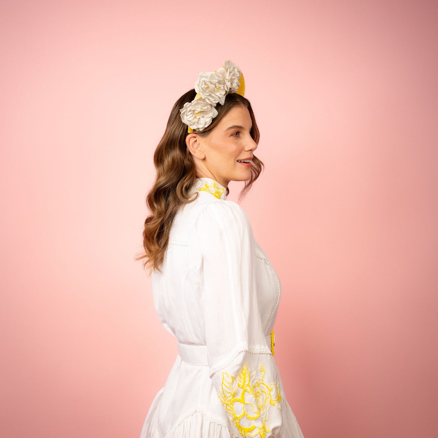 Emma Halo in yellow with vintage flowers Spring Racing Headpiece