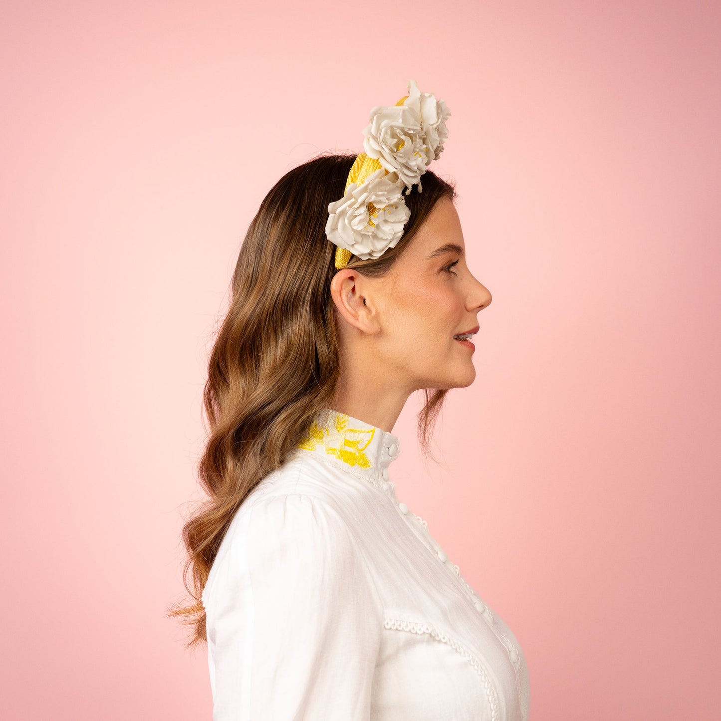 Emma Halo in yellow with vintage flowers Spring Racing Headpiece