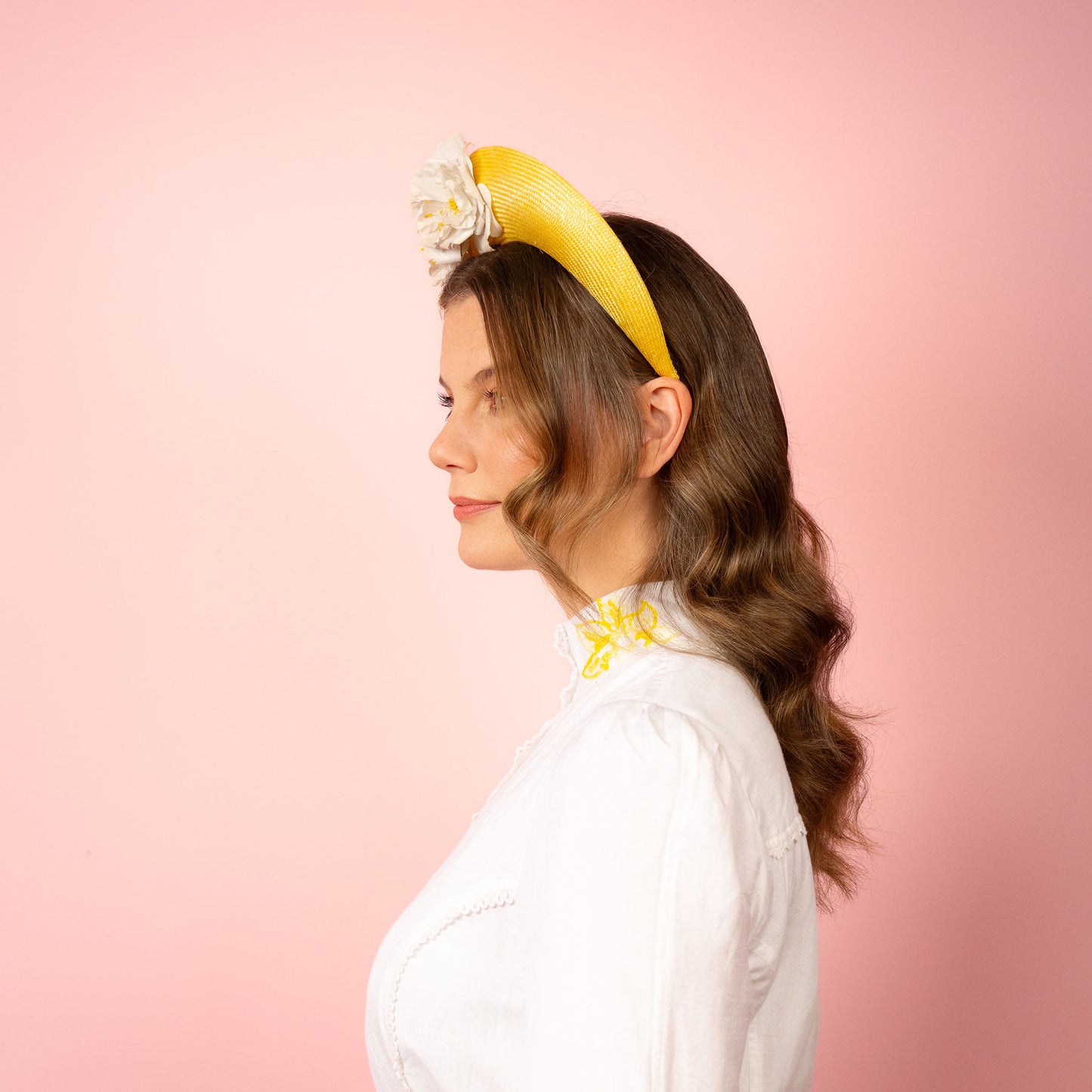 Emma Halo in yellow with vintage flowers Spring Racing Headpiece