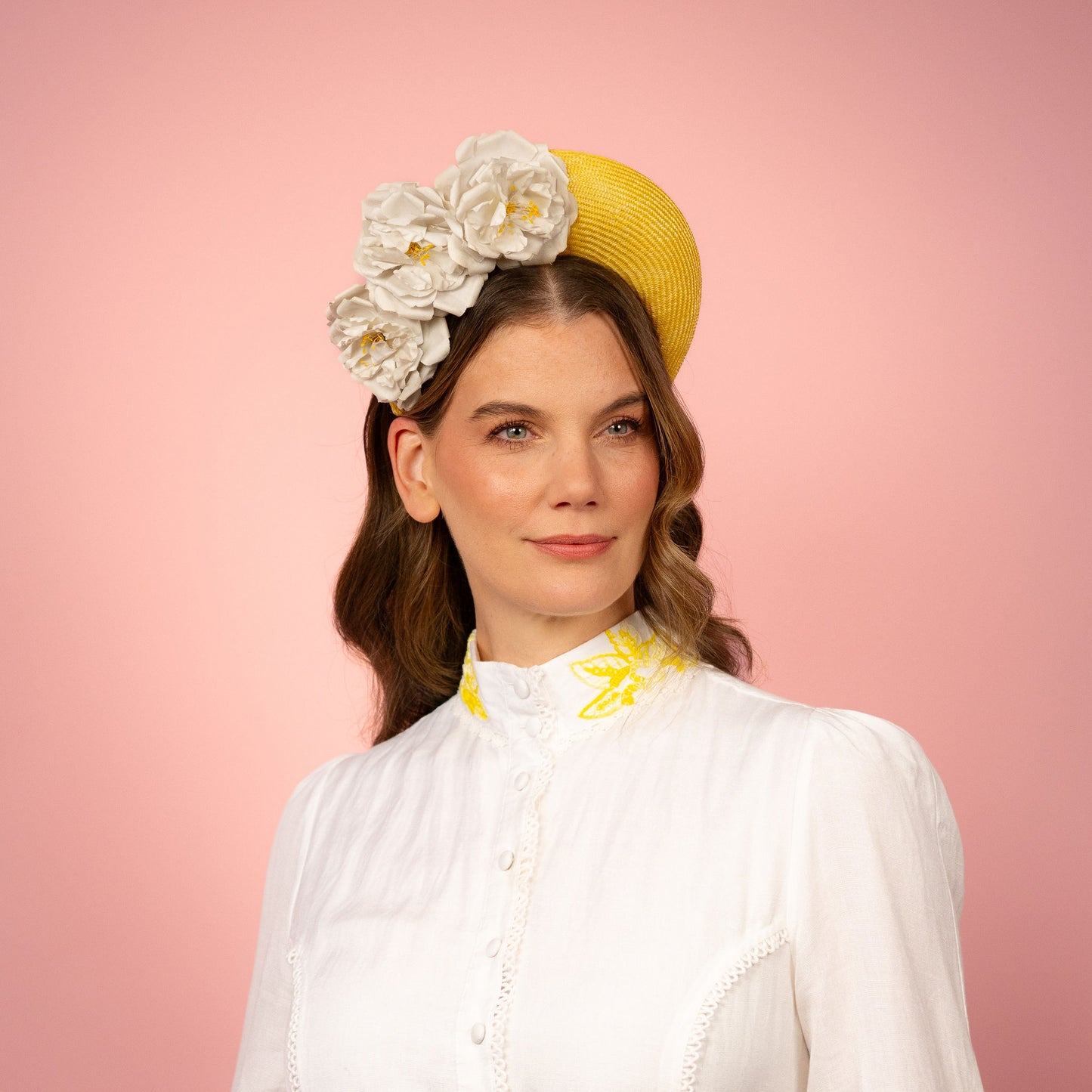 Emma Halo in yellow with vintage flowers Spring Racing Headpiece