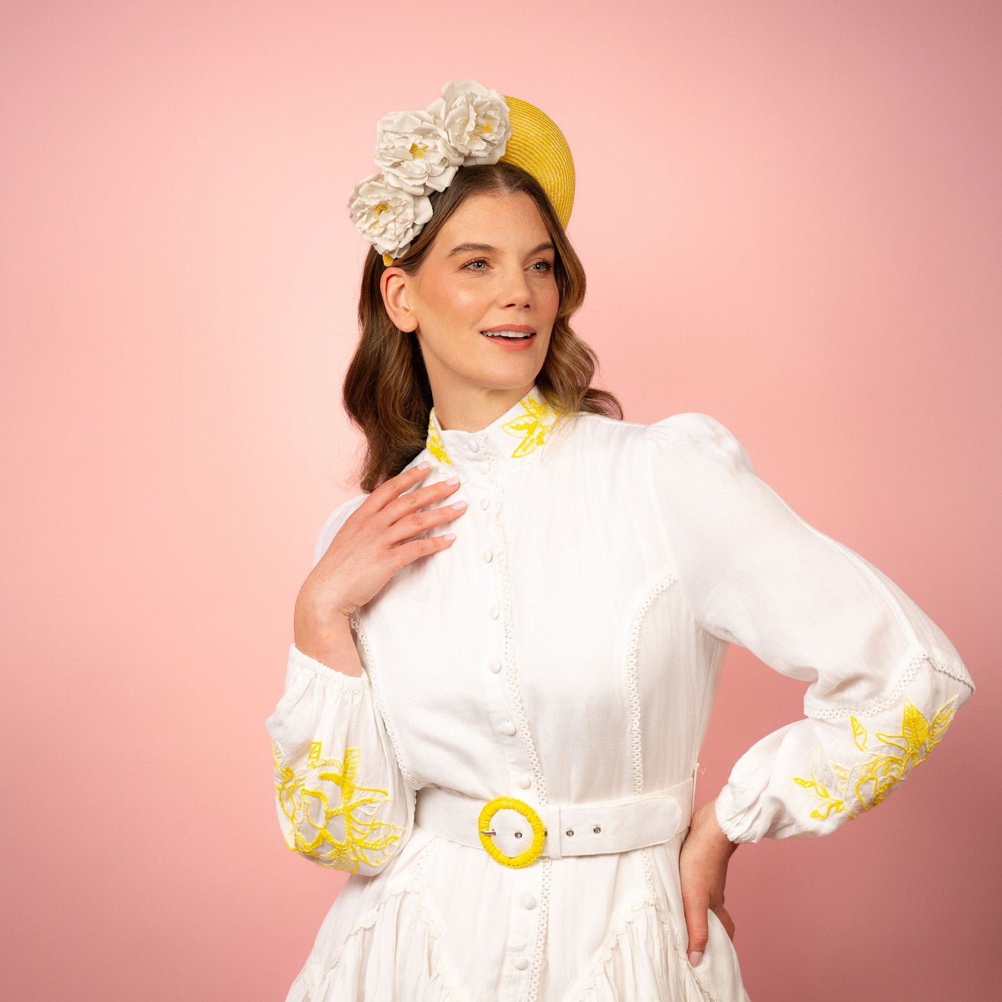 Emma Halo in yellow with vintage flowers Spring Racing Headpiece