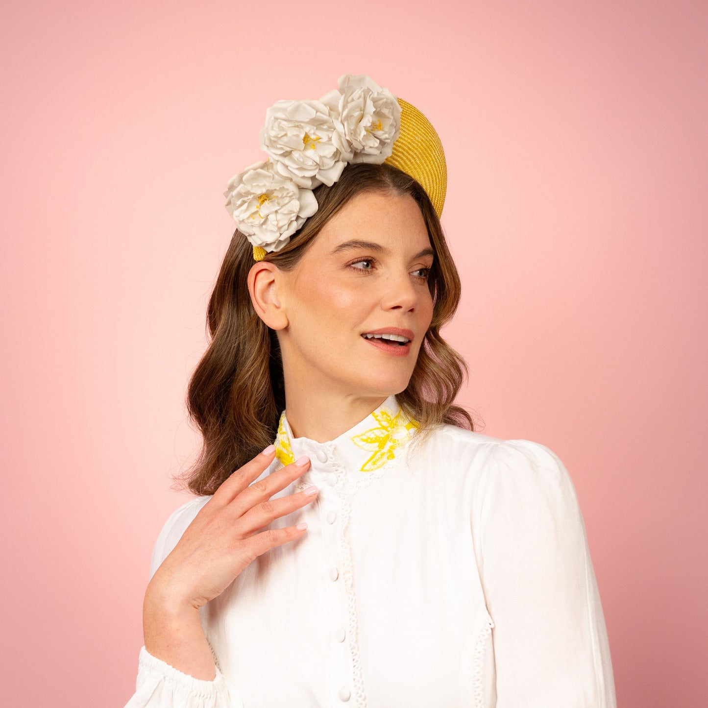 Emma Halo in yellow with vintage flowers Spring Racing Headpiece