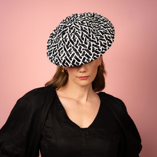 Fleur soft shaped brimmed hat in black and white straw Spring Racing Headpiece