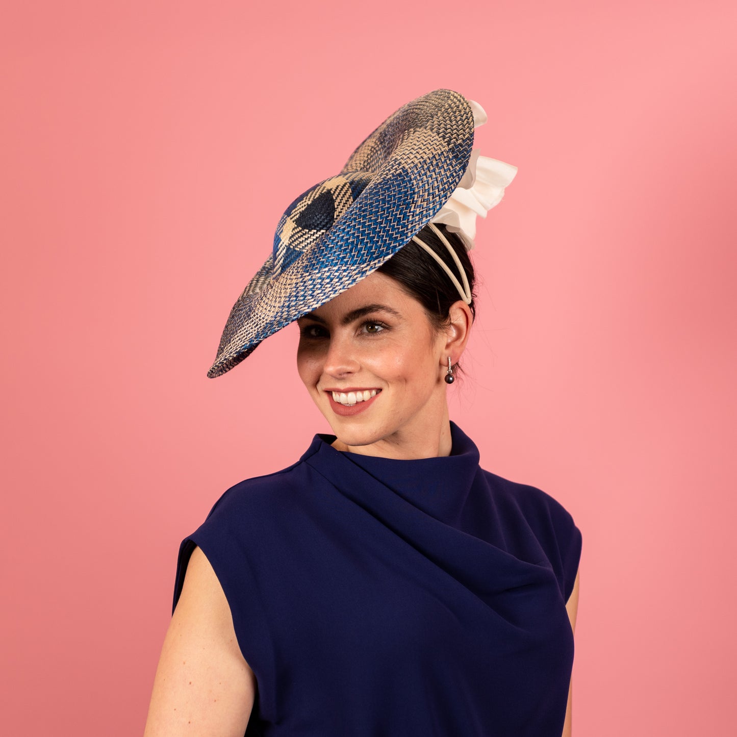 Gabriela Shaped Hat in Blue, Cream and Navy with silk poppy trim