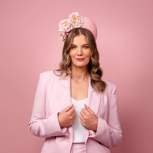 Emma straw halo with vintage flowers in pink Spring Racewear Headpiece