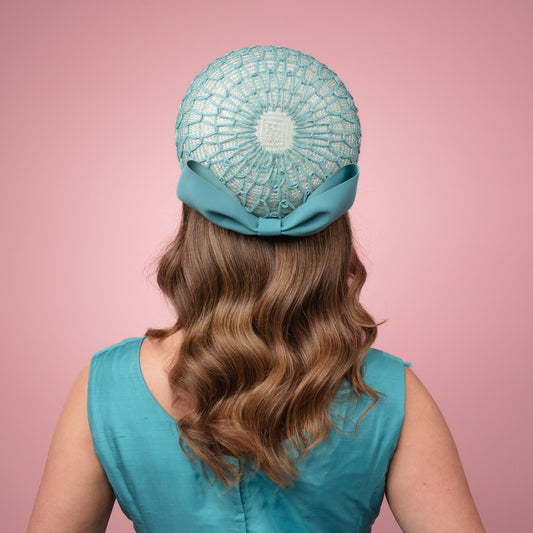 Kate Pillbox covered with vintage cloth with Petersham Bow in Aqua Blue Spring Racewear Headpiece